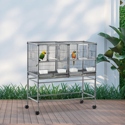 Wide Large Metal Bird Cage for Finch Canaries Parakeets Cockatiels with Rolling Stand, Removable Metal Tray, Storage Shelf, Wood Perch