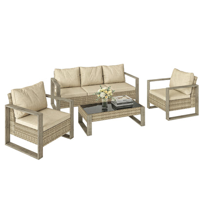 4 Seater Rattan Garden Furniture Set with Non-slip Mats, Khaki