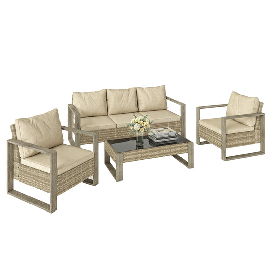 4 Seater Rattan Garden Furniture Set with Non-slip Mats, Khaki