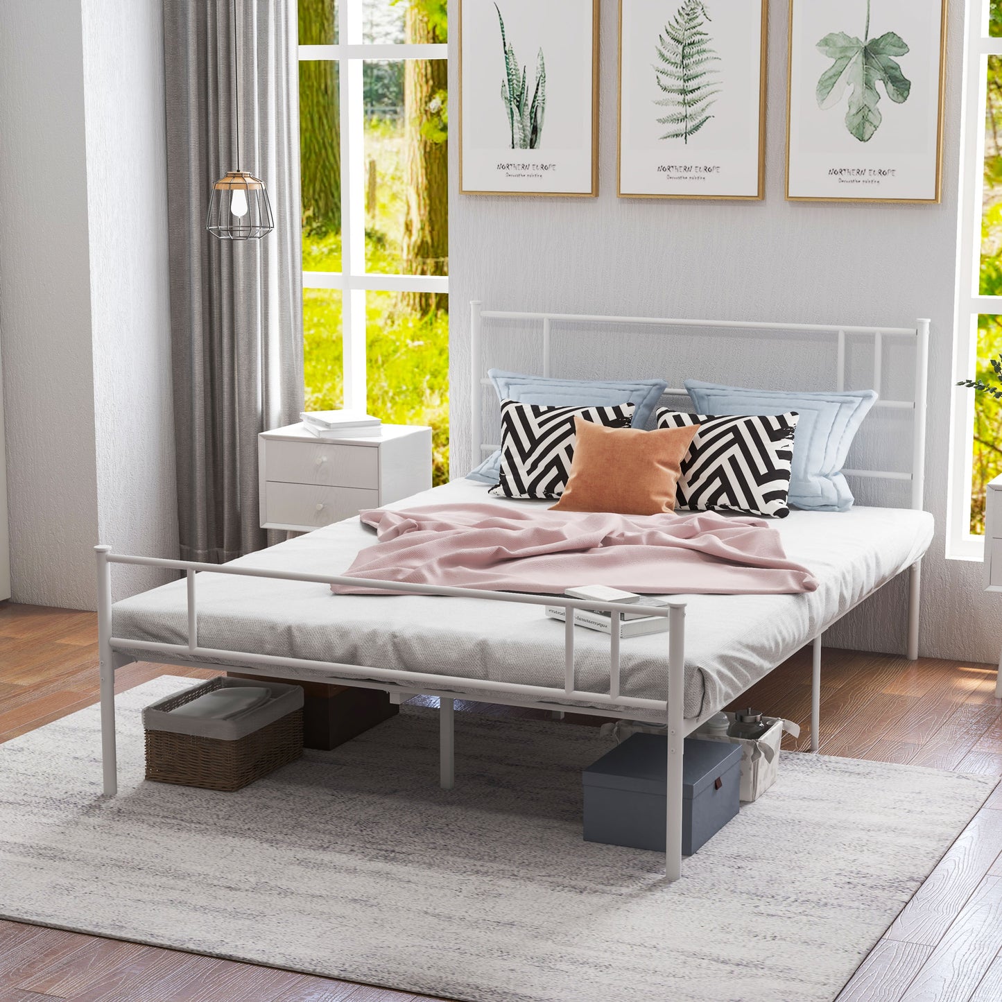 Double Metal Bed Frame Solid Bedstead Base with Headboard and Footboard, Metal Slat Support and Underbed Storage Space, Bedroom Furniture