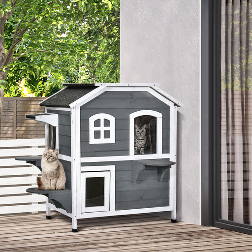 Solid Wood Cat Condos Pet House Water Proof Outdoor 2-Floor Villa, Grey