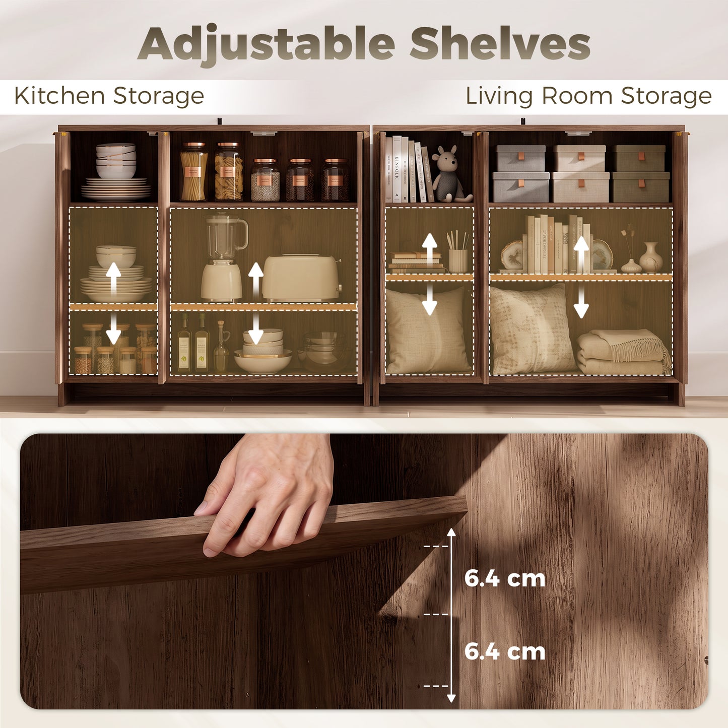 Sideboard with 3 Doors and Adjustable Shelves Kitchen Cupboard Brown