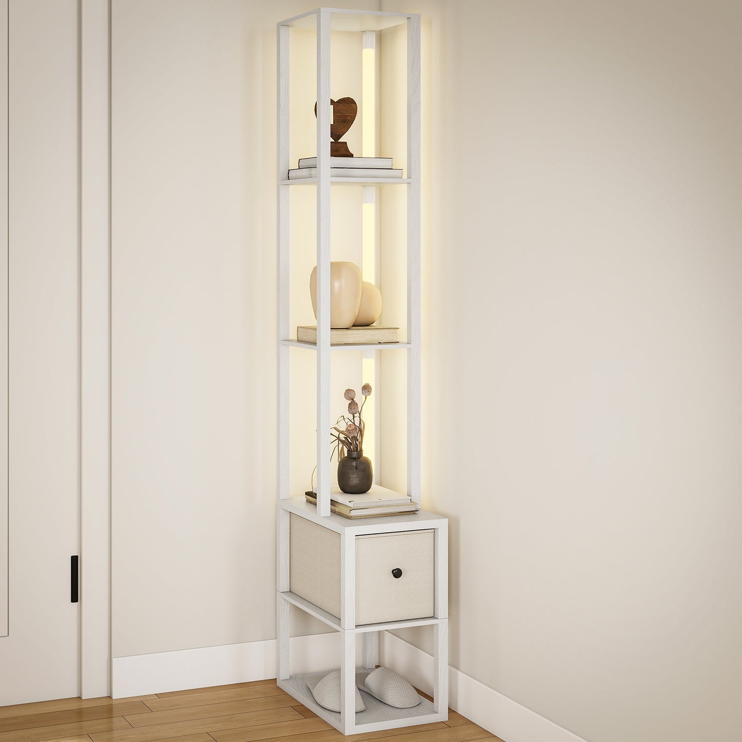 Floor Lamp with Shelves, LED Standing Lamp with Fabric Drawer, White