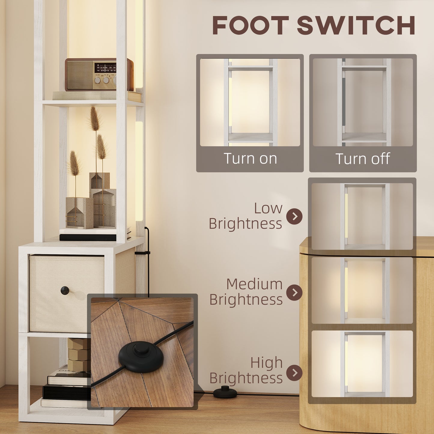 Floor Lamp with Shelves, LED Standing Lamp with Fabric Drawer, White