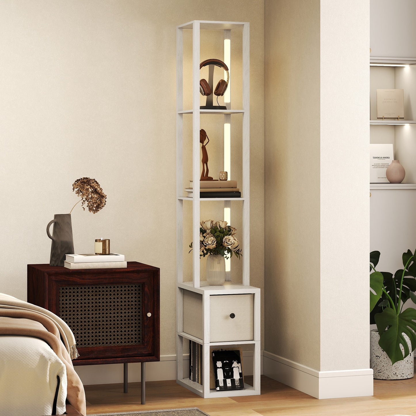 Floor Lamp with Shelves, LED Standing Lamp with Fabric Drawer, White