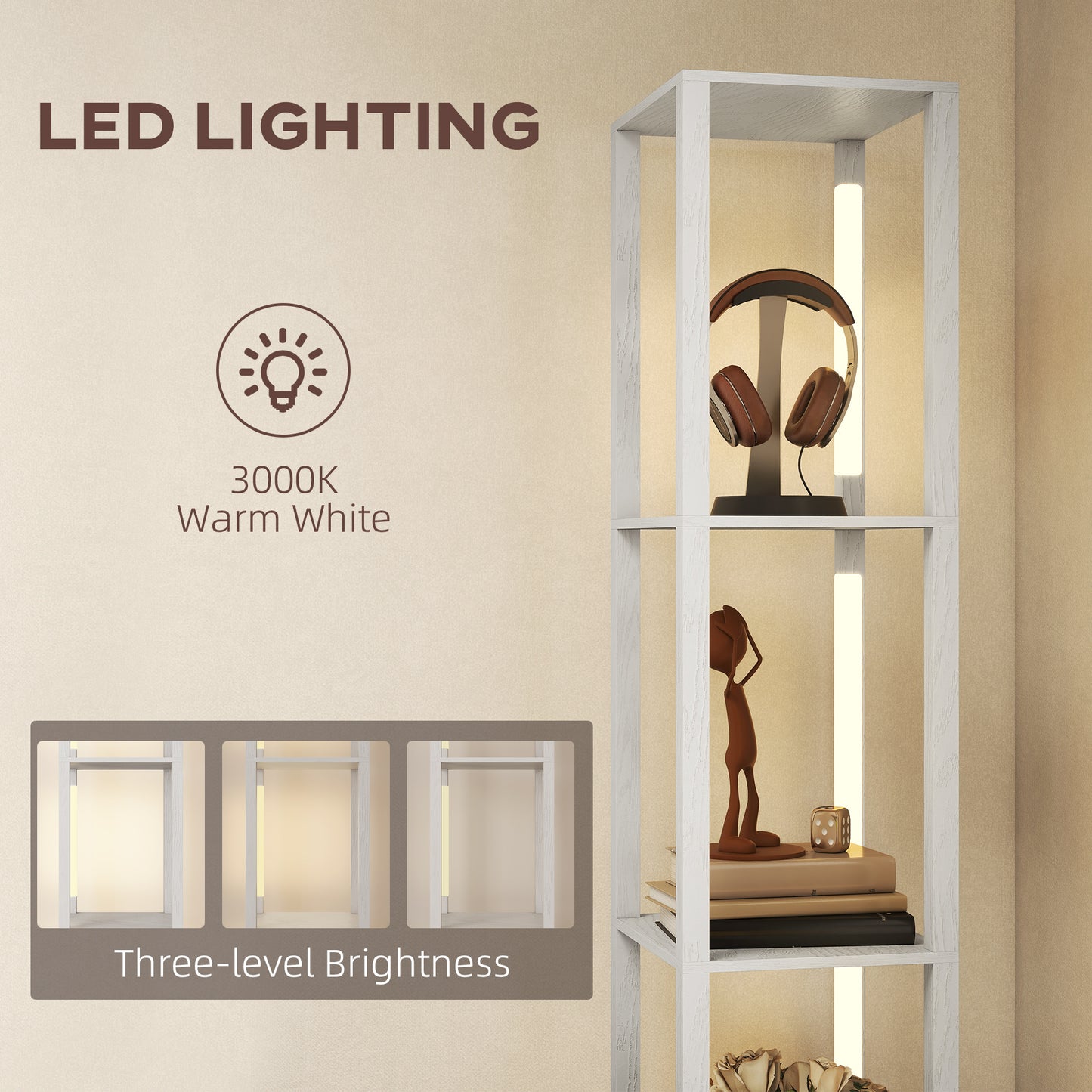 Floor Lamp with Shelves, LED Standing Lamp with Fabric Drawer, White