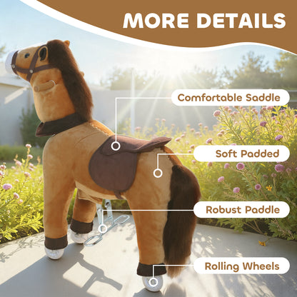 Ride On Horse, Mechanical Walking Horse Toy with Wheels and Saddle for Ages 3-5 Years Old, Action Plush Animal up to 55 Pounds, Brown