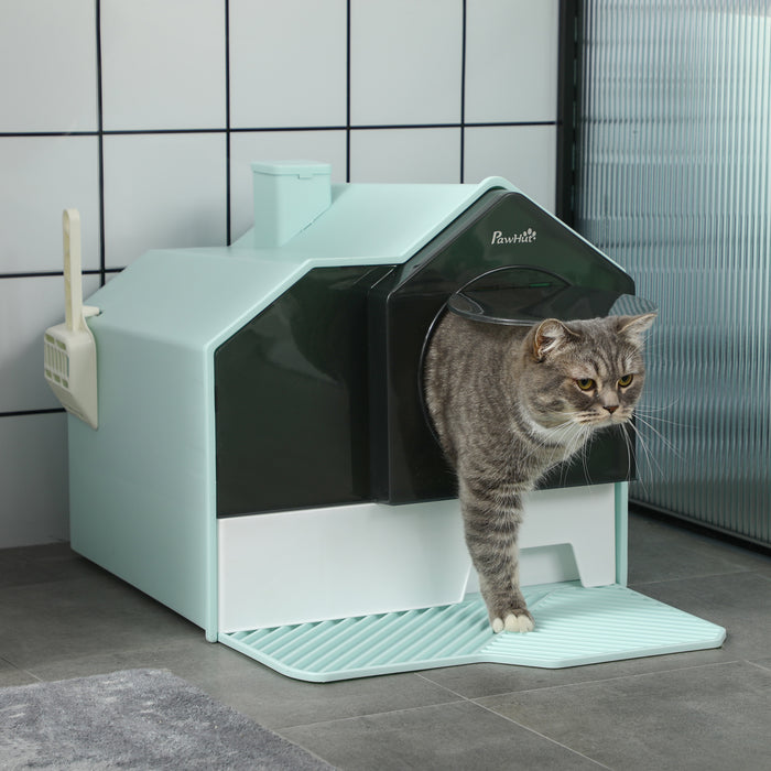 Hooded Cat Litter Tray w/ Scoop Blue