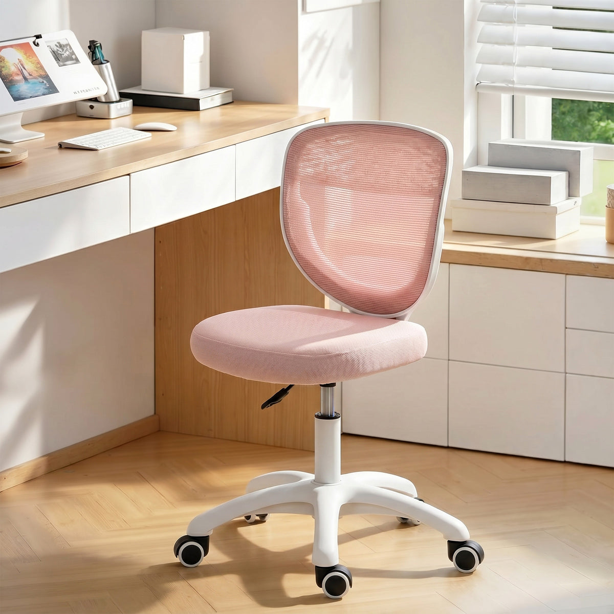 Armless Office Chair with Mesh Back, Pink