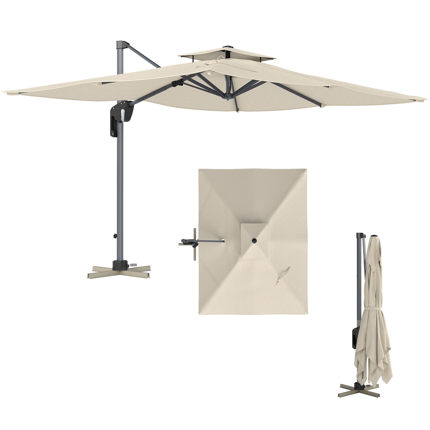 3.7 x 2.7 m Cantilever Parasol w/ 360° Rotation, Grey Wood Effect
