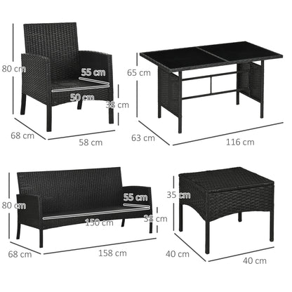 5 Seater Rattan Garden Furniture Set Wicker Armchairs Footstools and Glass Table Patio Rattan  Sets with Cushions, Black