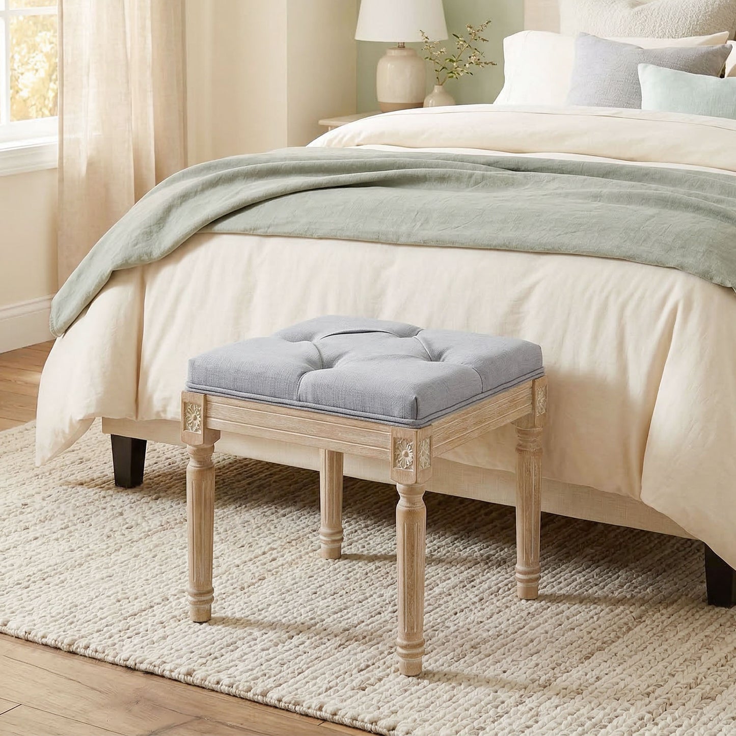 Vintage Foot Stool with Wood Legs, Light Grey