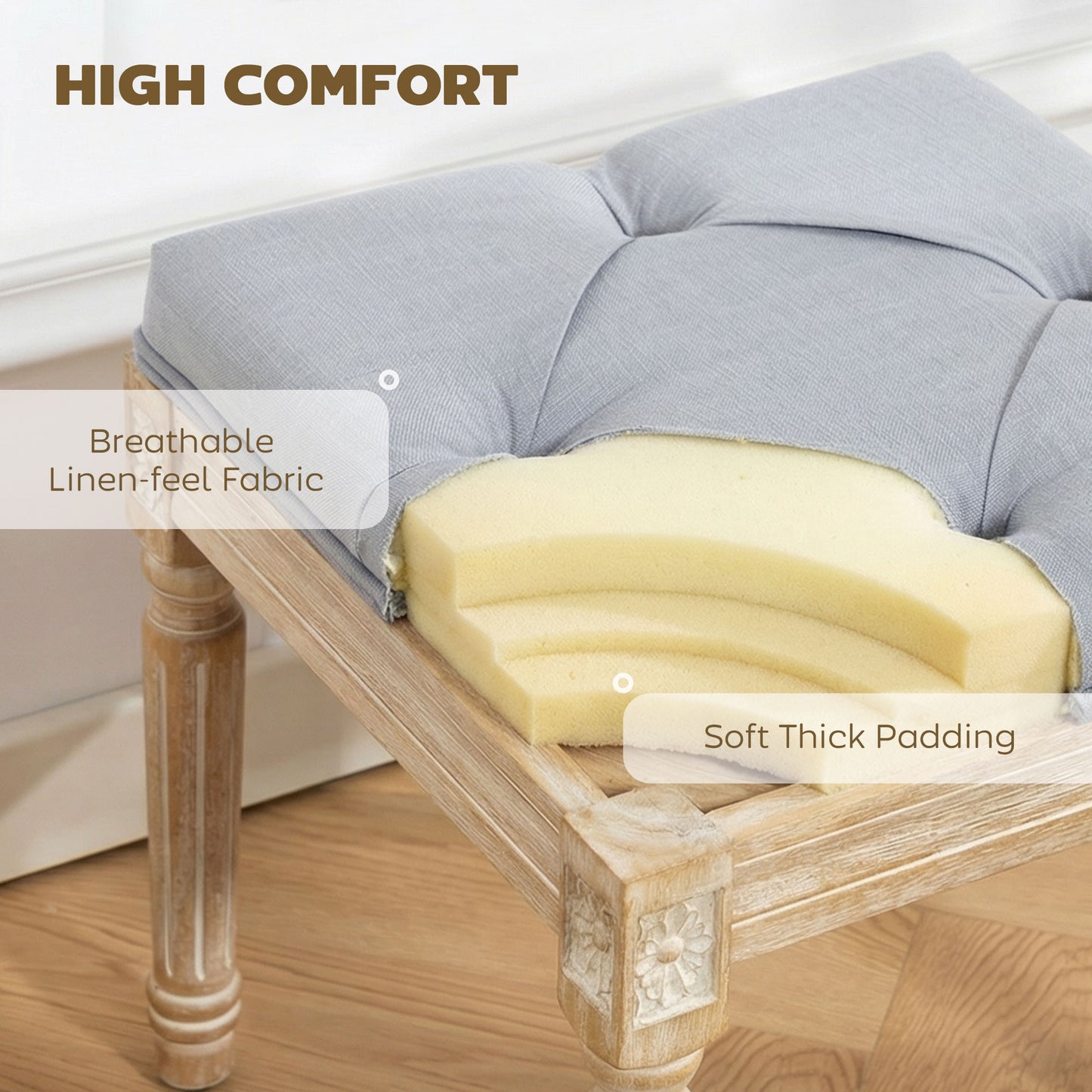 Vintage Foot Stool with Wood Legs, Light Grey