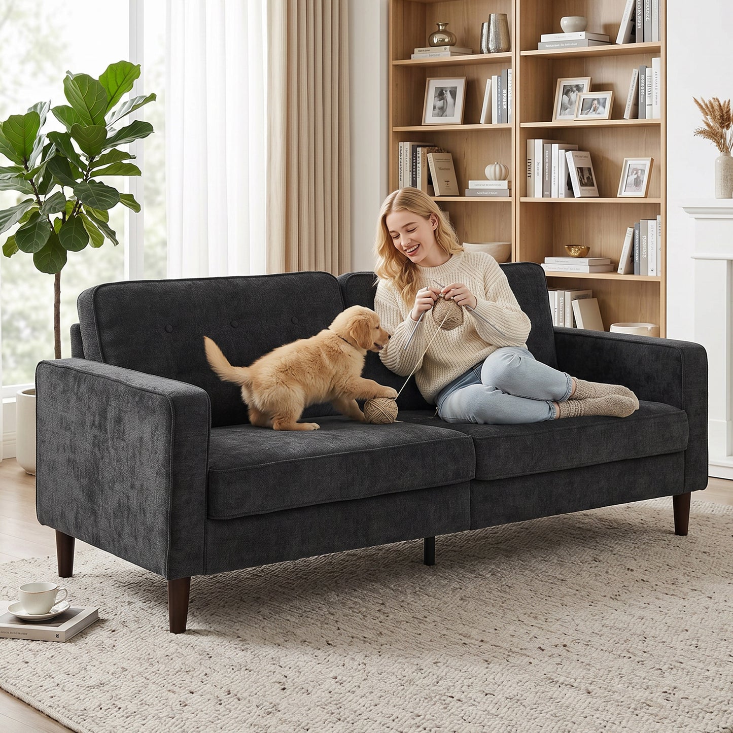 3 Seater Sofa, Velvet-Feel Fabric Upholstered Small Couch for Bedroom, Modern Sofa Settee with Padded Cushion, Button Tufting and Wood Legs for Living Room, Dark Grey