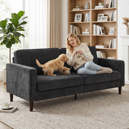 3 Seater Sofa, Velvet-Feel Fabric Upholstered Small Couch for Bedroom, Modern Sofa Settee with Padded Cushion, Button Tufting and Wood Legs for Living Room, Dark Grey