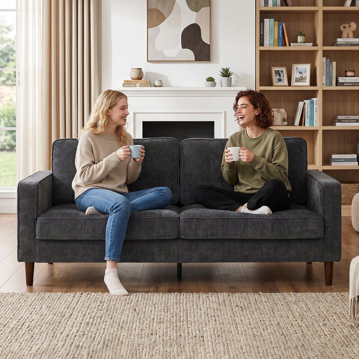 3 Seater Sofa, Upholstered Small Couch for Bedroom, Modern Futon Sofa Settee with Padded Cushion, Button Tufting and Wood Legs for Living Room, Dark Grey