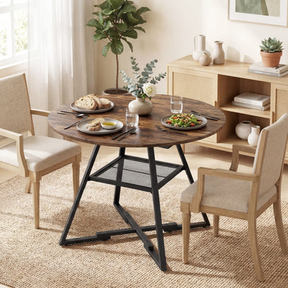 Round Dining Table for 4, 100 cm Kitchen Table w/ Shelf, Rustic Brown