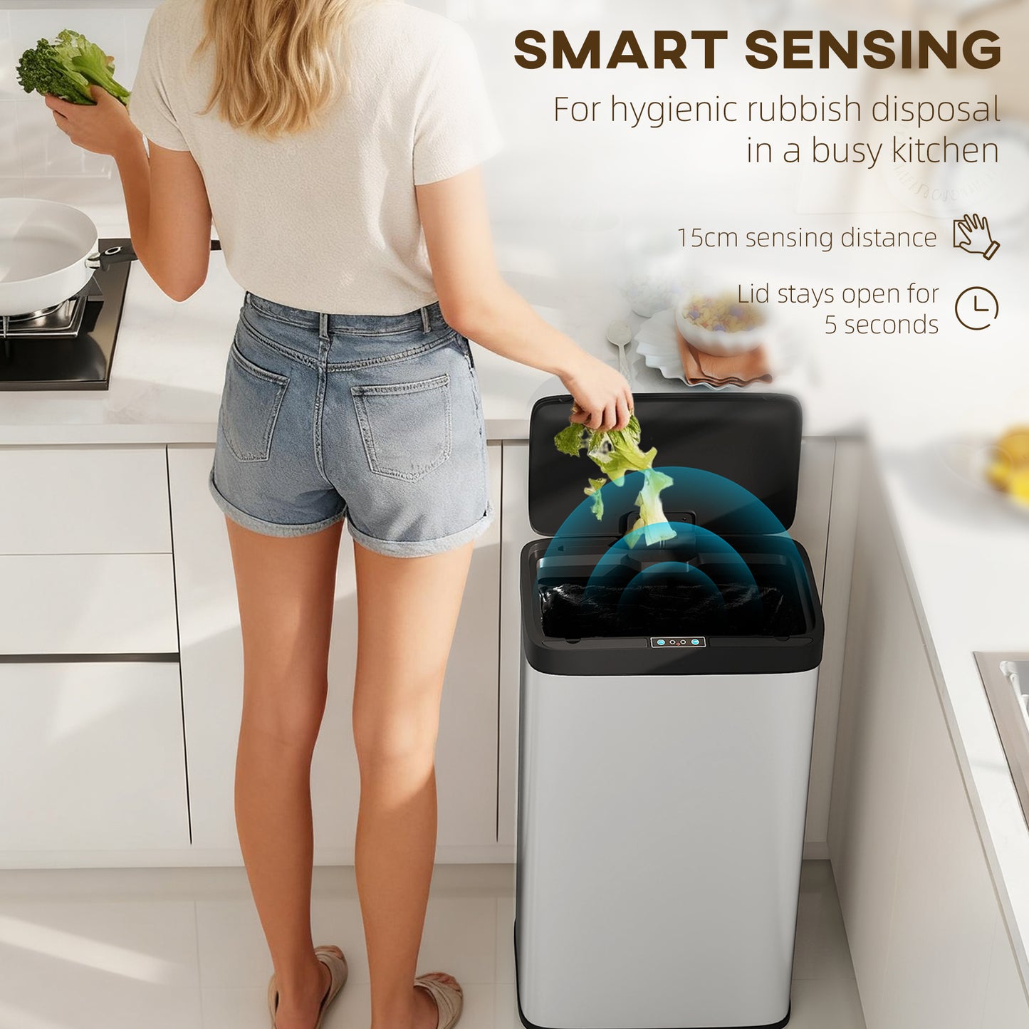 45L Sensor Bin, Stainless Steel Kitchen Bin with Automatic Close