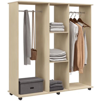 Mobile Double Open Wardrobe w/ Clothes Hanging Rail Colthing Natural