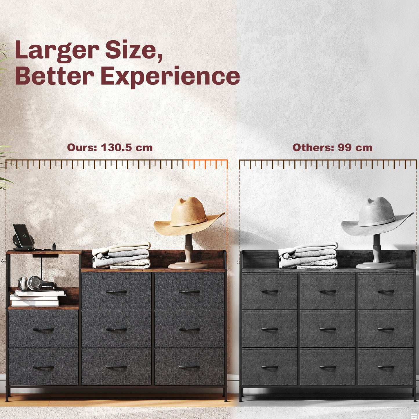 Fabric Chest of Drawers w/ Charging Station for Bedroom Rustic Brown