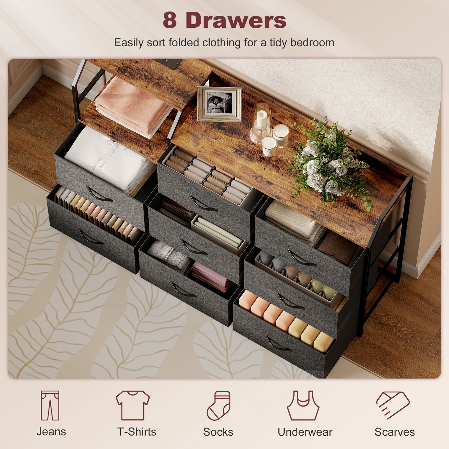 Fabric Chest of Drawers w/ Charging Station for Bedroom Rustic Brown