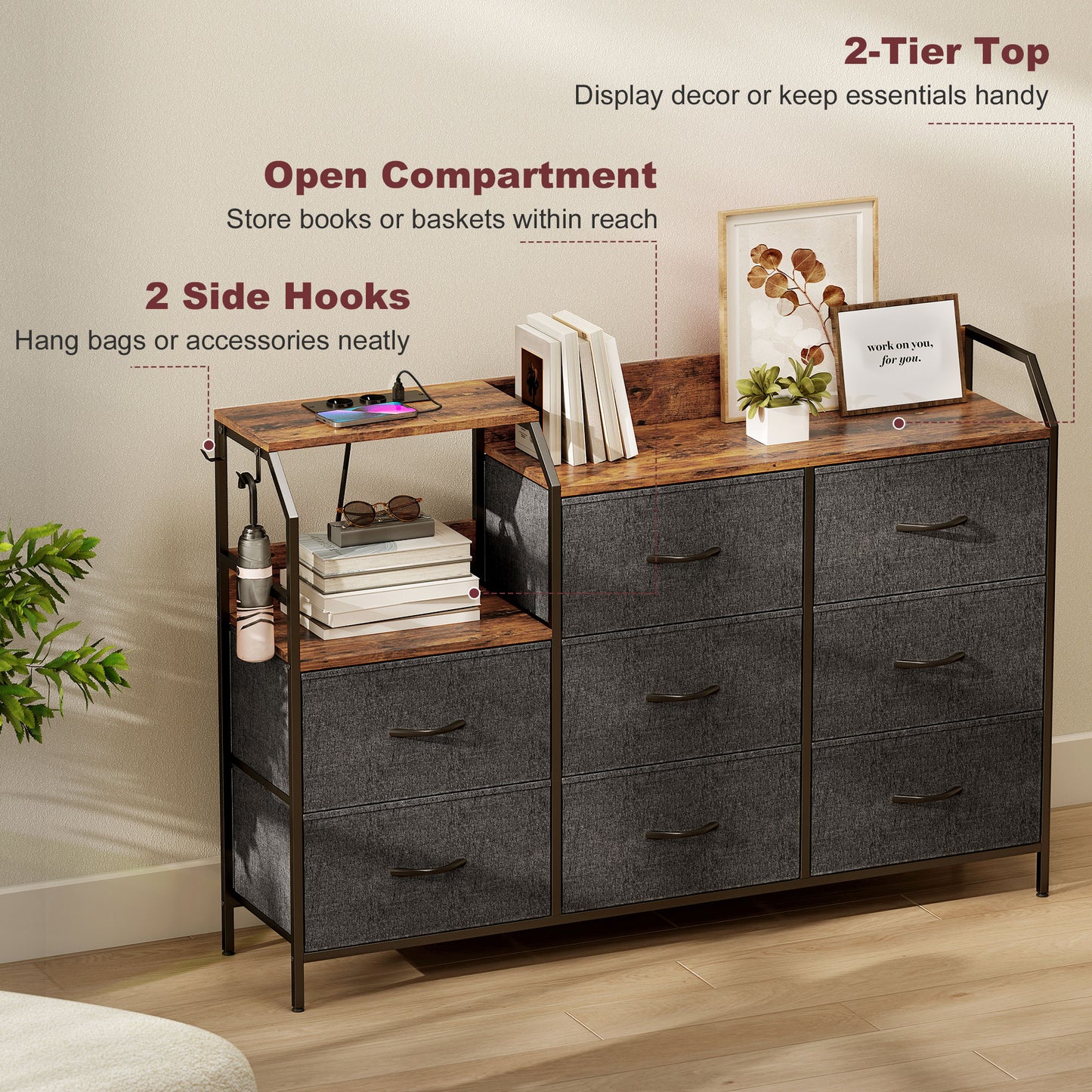 Fabric Chest of Drawers w/ Charging Station for Bedroom Rustic Brown