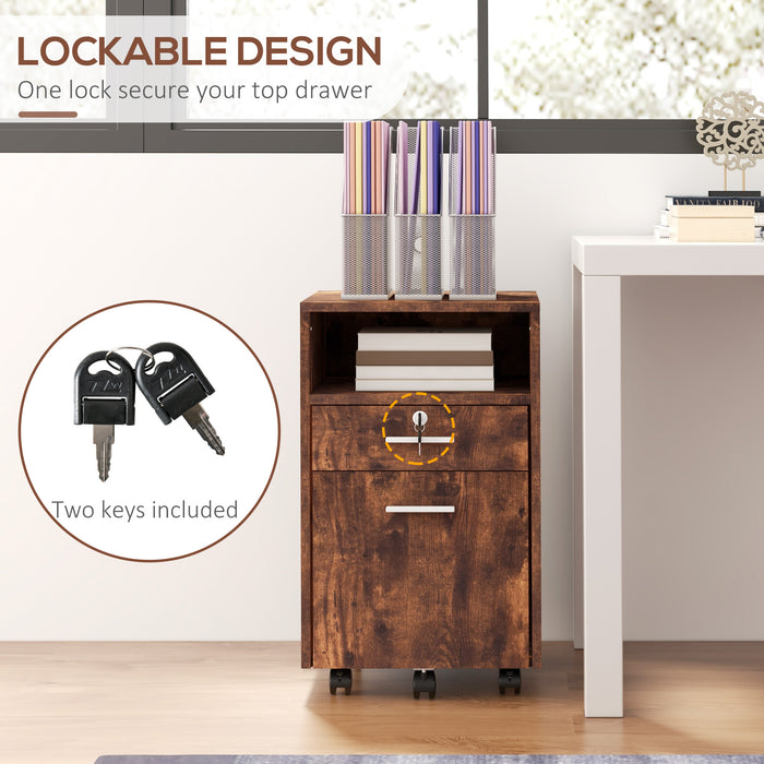 Vinsetto Lockable Filing Cabinet for Home Office, Mobile File Cabinet with Wheels Hanging Bar for A4, Letter Size, Rustic Brown