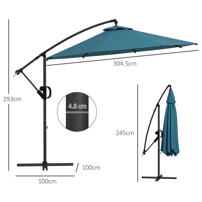 3(m) Cantilever Parasol with Cross Base, Banana Parasol with Crank Handle, Tilt and 8 Ribs, Round Hanging Patio Umbrella