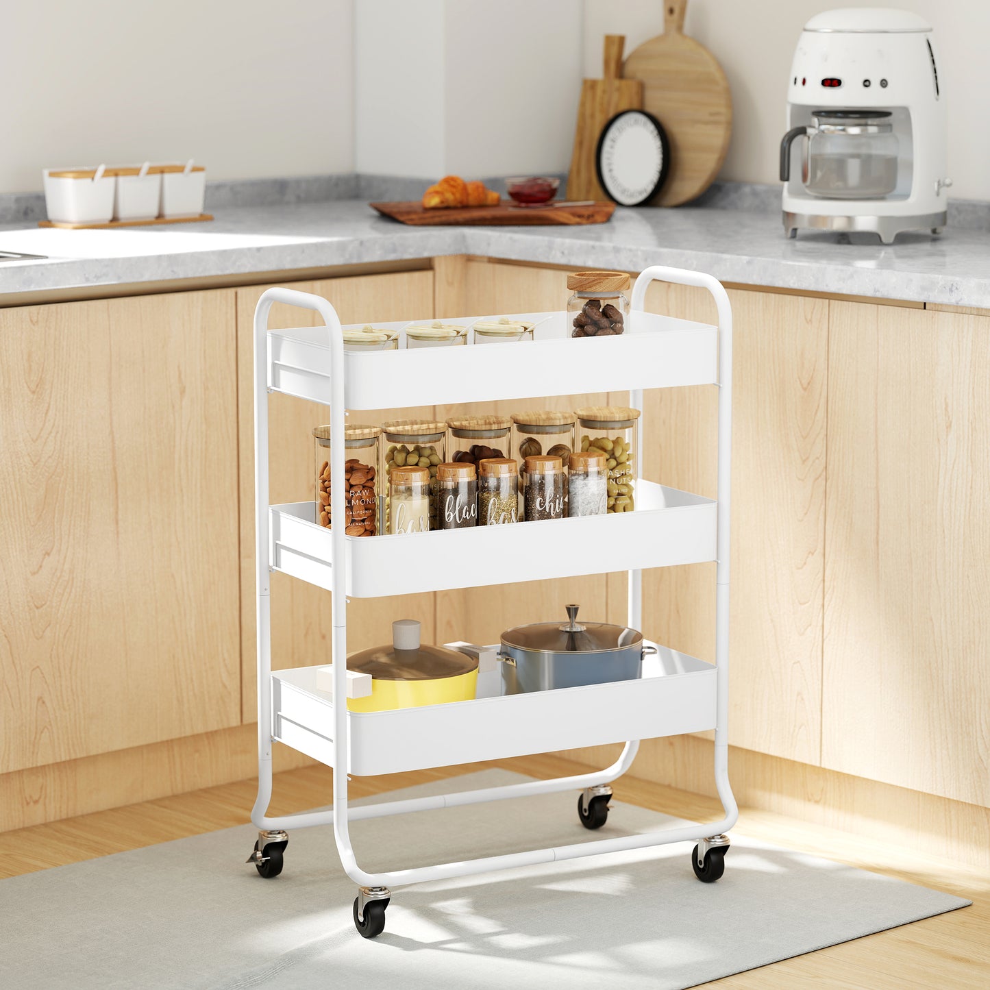 3-Tier Storage Trolley, Storage Cart with Mesh Backets, Wheels, White