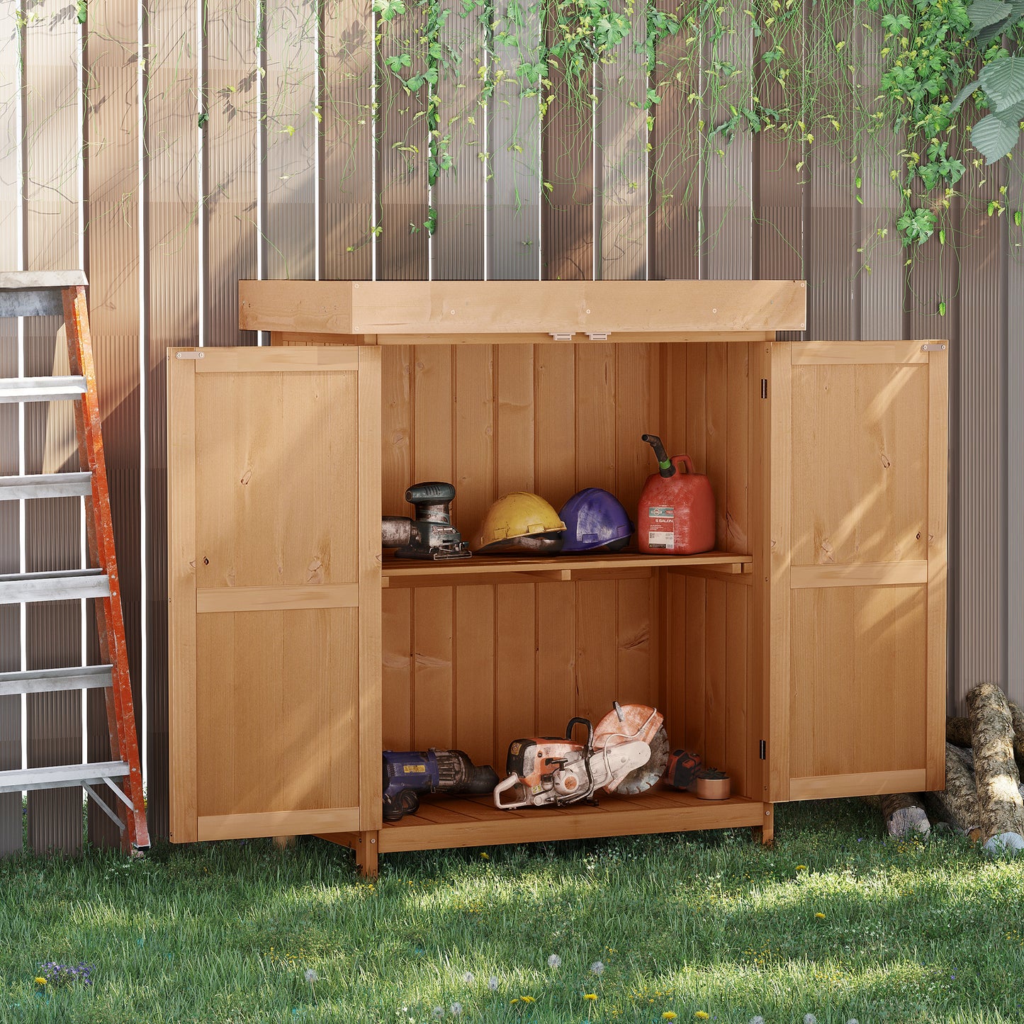 Wooden Garden Storage Shed with Hinged Roof and Shelves, Outdoor Storage Cabinet Chest, Double Doors