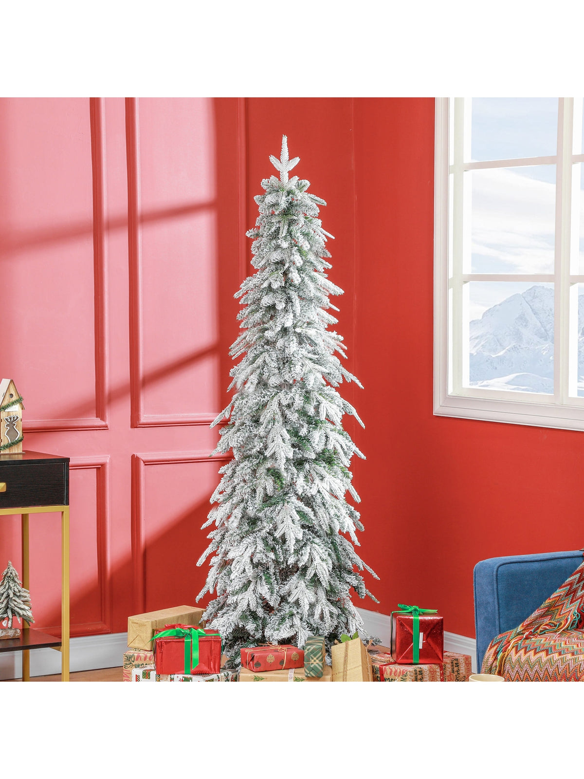 6ft Flocked Pencil Christmas Tree with Auto Open, Steel Base