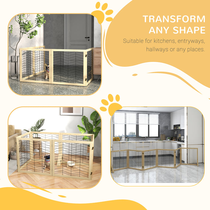 6 Panels Freestanding Dog Barrier for S and M Dogs - Natural Wood