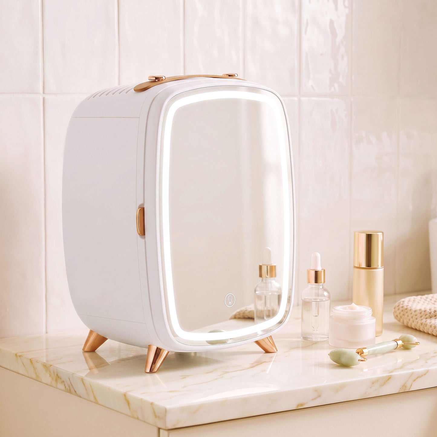 Skincare Refrigerator with LED Mirror, Cooling Function, White