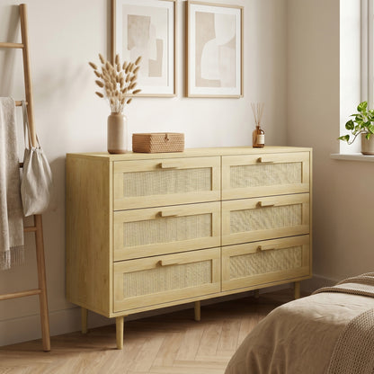Chest of Drawers, 6 Drawer Dresser, Bohemian Storage Cabinet with Rattan Element for Bedroom, Living Room, Oak