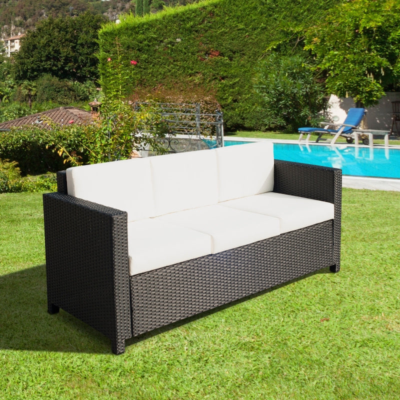 Outsunny 3 Seater Rattan Sofa All-Weather Wicker Weave Metal Frame Chair with Fire Resistant Cushion - Black