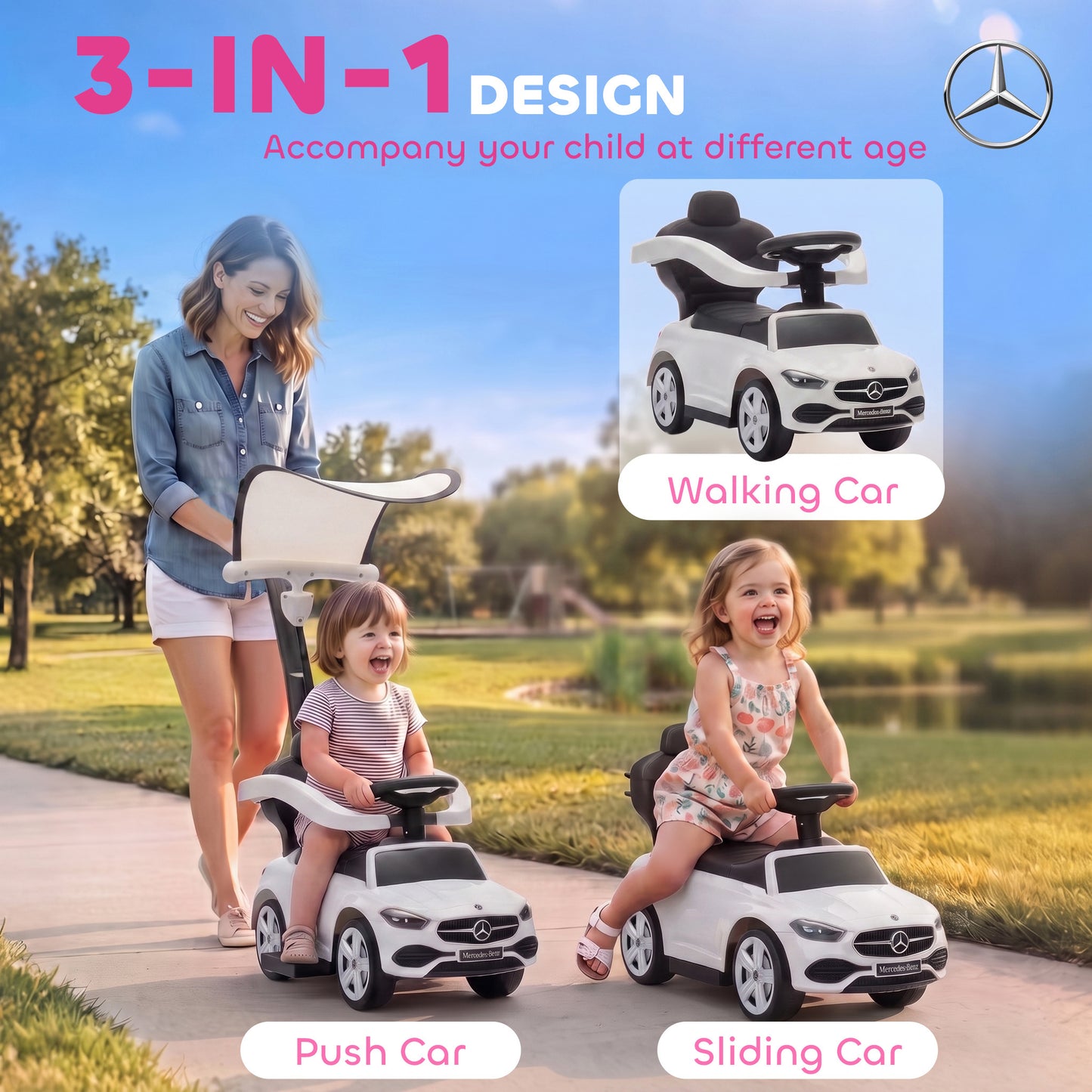 3 in 1 Licensed Mercedes-Benz Ride on Push Car with Canopy, White