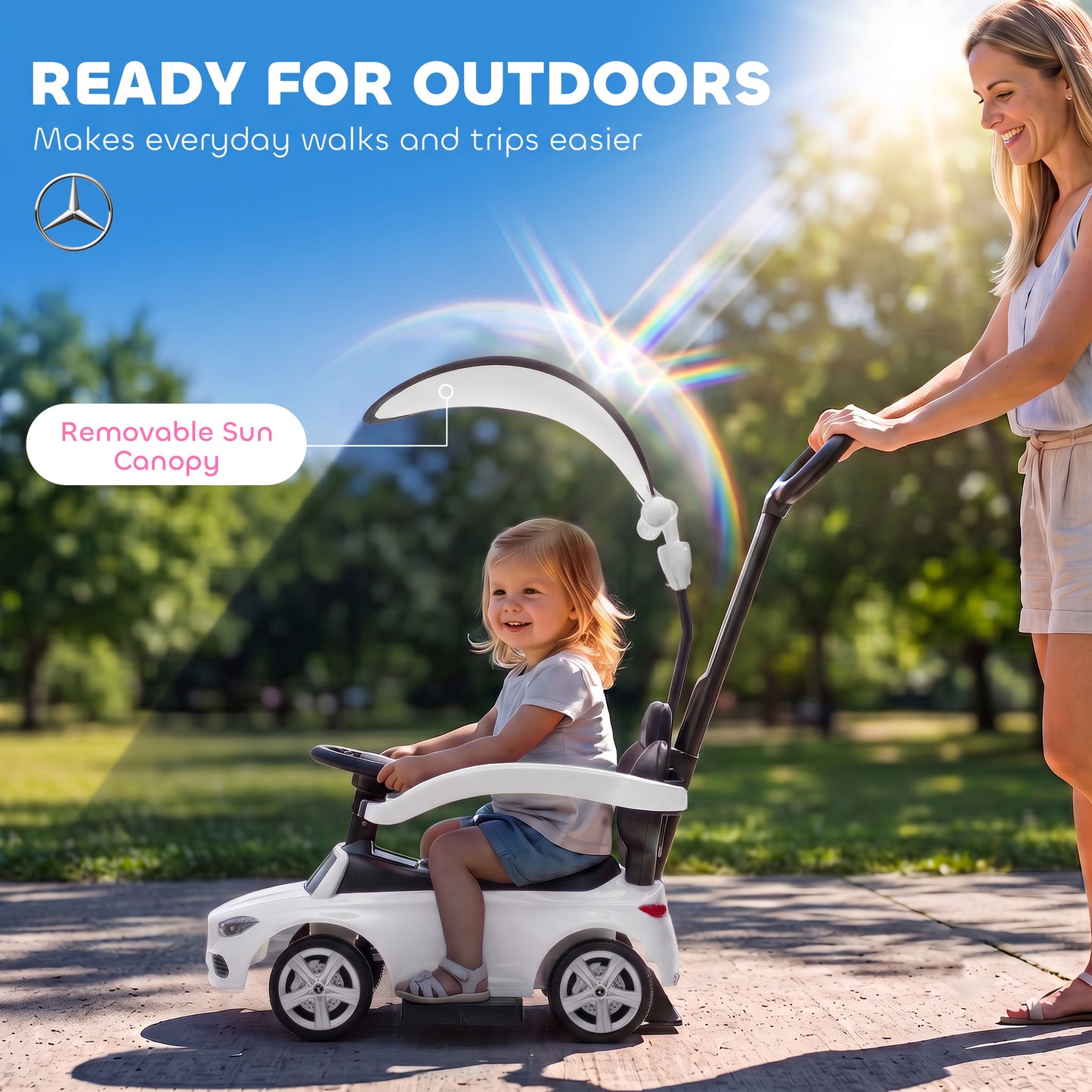 3 in 1 Licensed Mercedes-Benz Ride on Push Car with Canopy, White