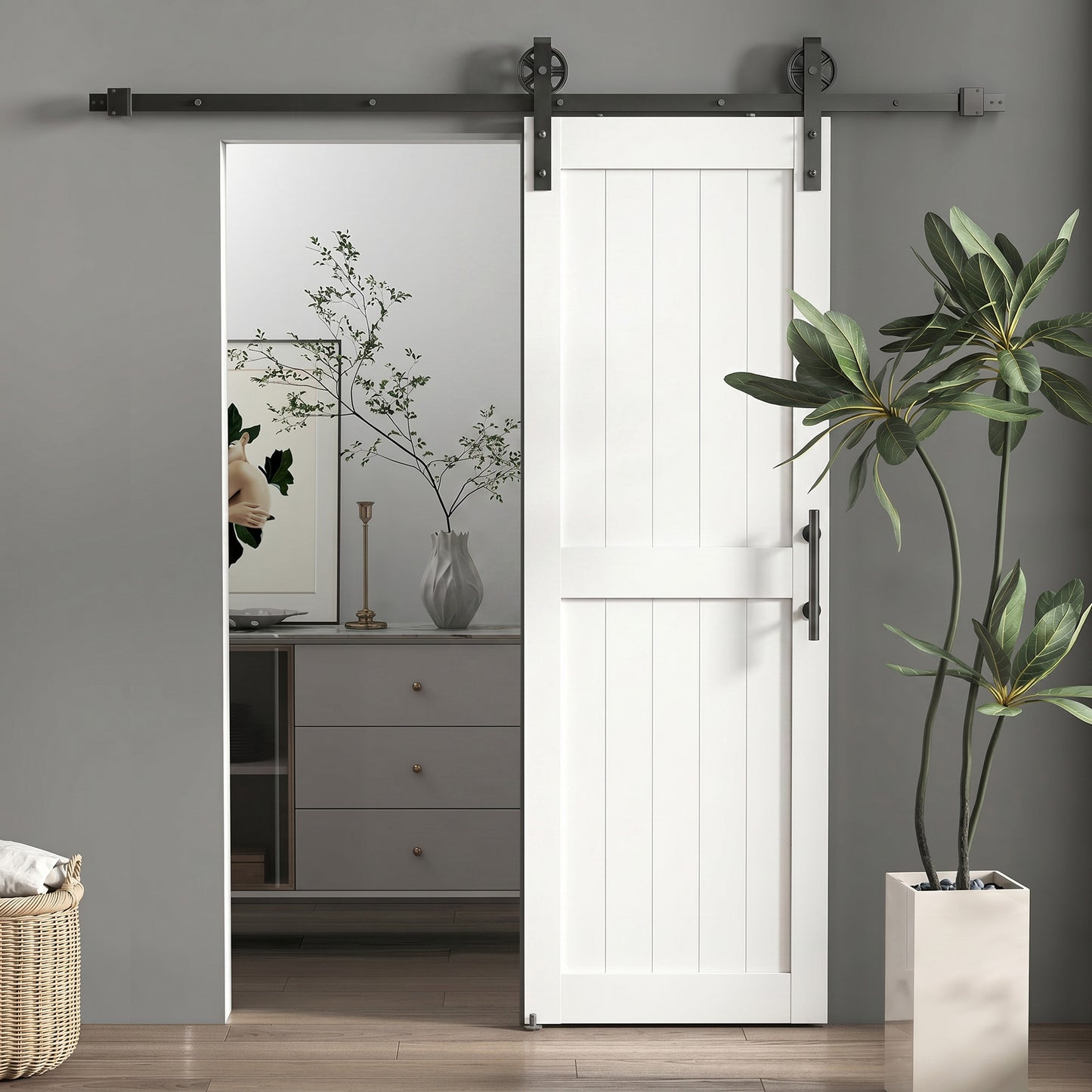 72 x 213 cm Sliding Barn Door with 152 cm Sliding Door Hardware Kit & Industrial Handle, Upgraded Rollers and Floor Guide, Waterproof Plastic Surface, Pre-Drilled Easy Assembly, White