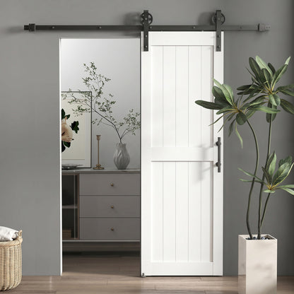 72 x 213 cm Sliding Barn Door with 152 cm Sliding Door Hardware Kit & Industrial Handle, Upgraded Rollers and Floor Guide, Waterproof Plastic Surface, Pre-Drilled Easy Assembly, White