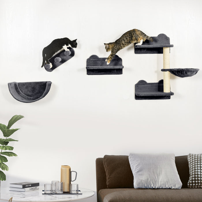 4PCs Wall Mounted Cat Tree Cat Wall Shelves W/ Scratching Post Dark Grey