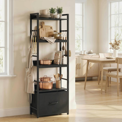 4-Tier Bookshelf, Shelving Unit with Drawer, 8 Hooks, Black
