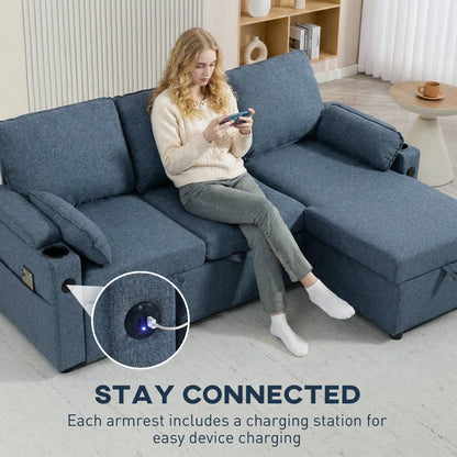 Corner Sofa Bed, L Shaped Sofa with Storage Chaise, USB Ports, Blue