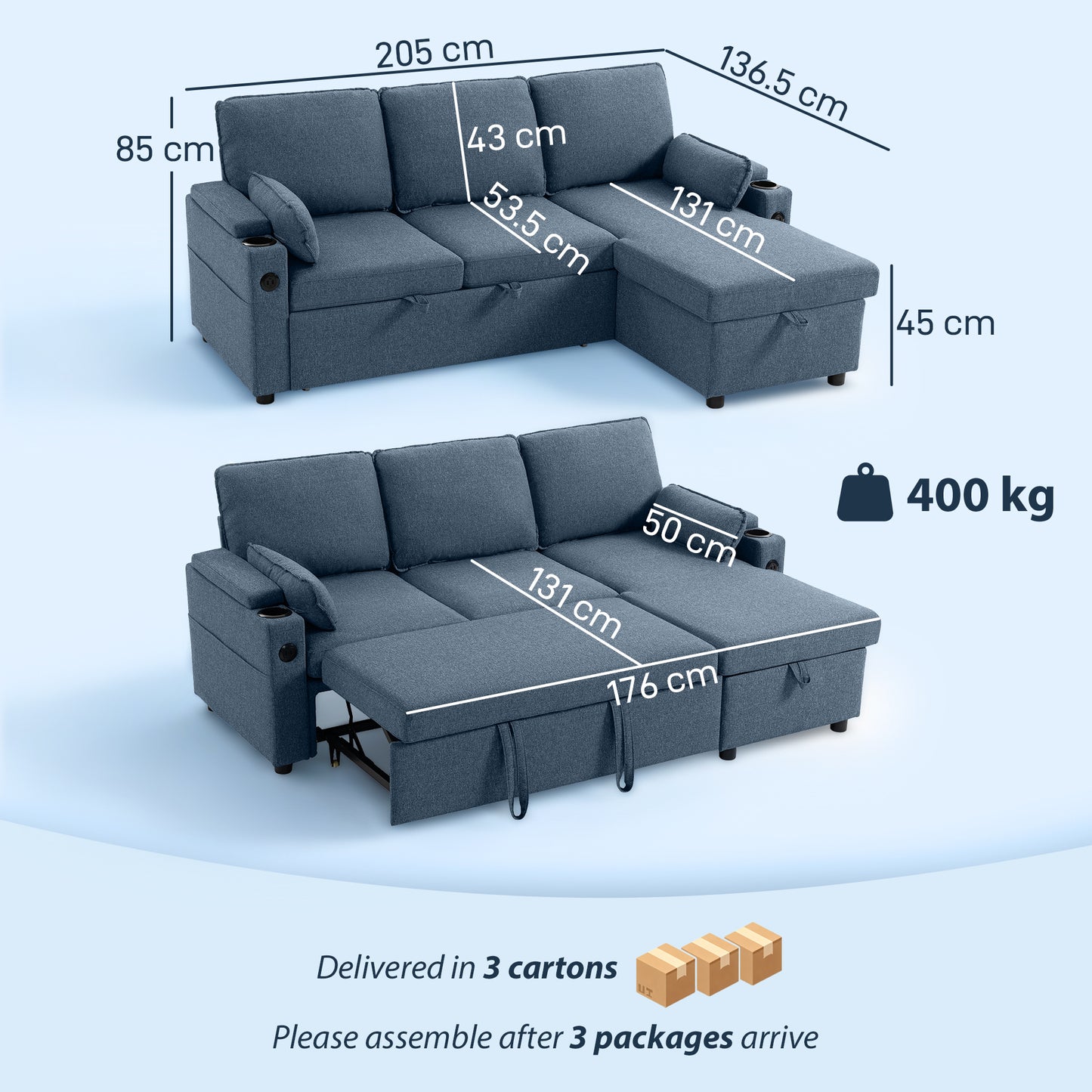 Corner Sofa Bed, L Shaped Sofa with Storage Chaise, USB Ports, Blue