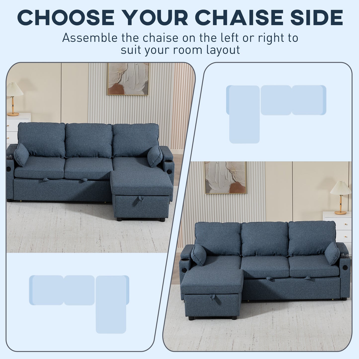 Corner Sofa Bed, L Shaped Sofa with Storage Chaise, USB Ports, Blue