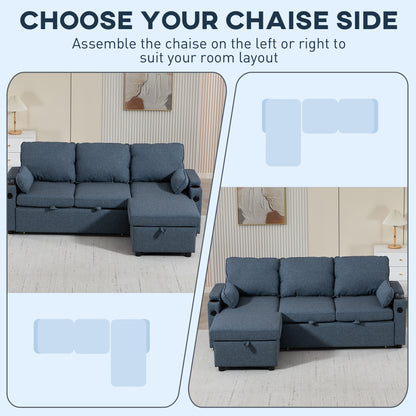 Corner Sofa Bed, L Shaped Sofa with Storage Chaise, USB Ports, Blue