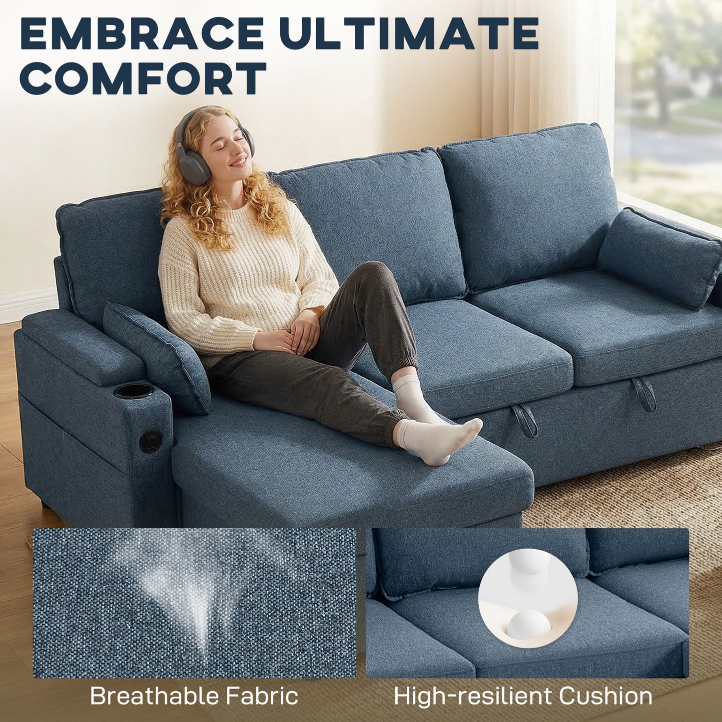 Corner Sofa Bed, L Shaped Sofa with Storage Chaise, USB Ports, Blue