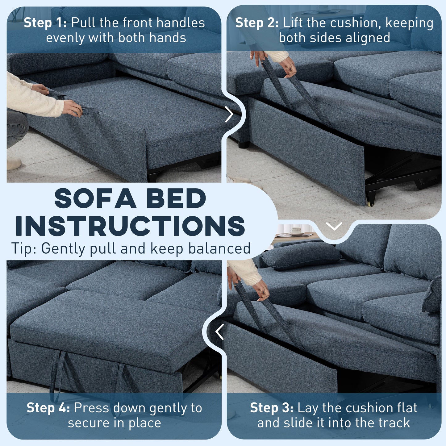 Corner Sofa Bed, L Shaped Sofa with Storage Chaise, USB Ports, Blue