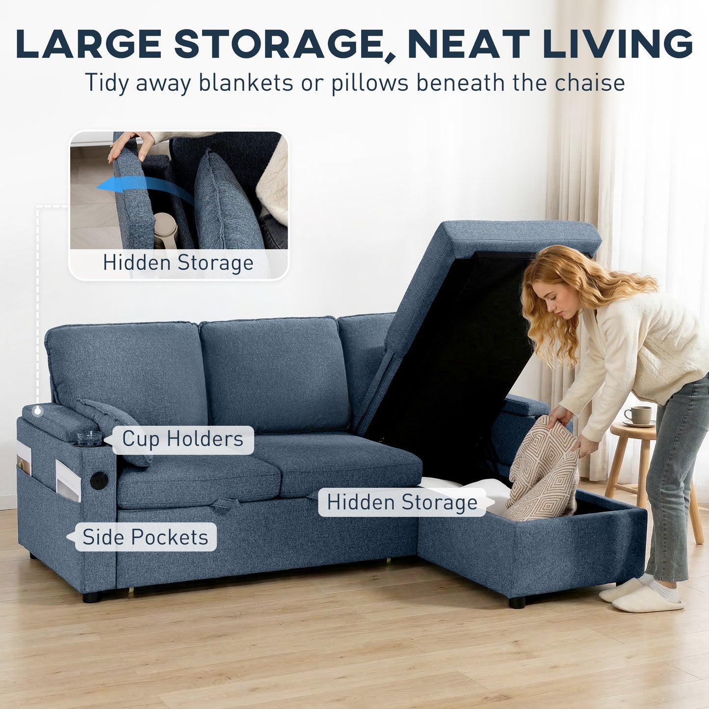 Corner Sofa Bed, L Shaped Sofa with Storage Chaise, USB Ports, Blue