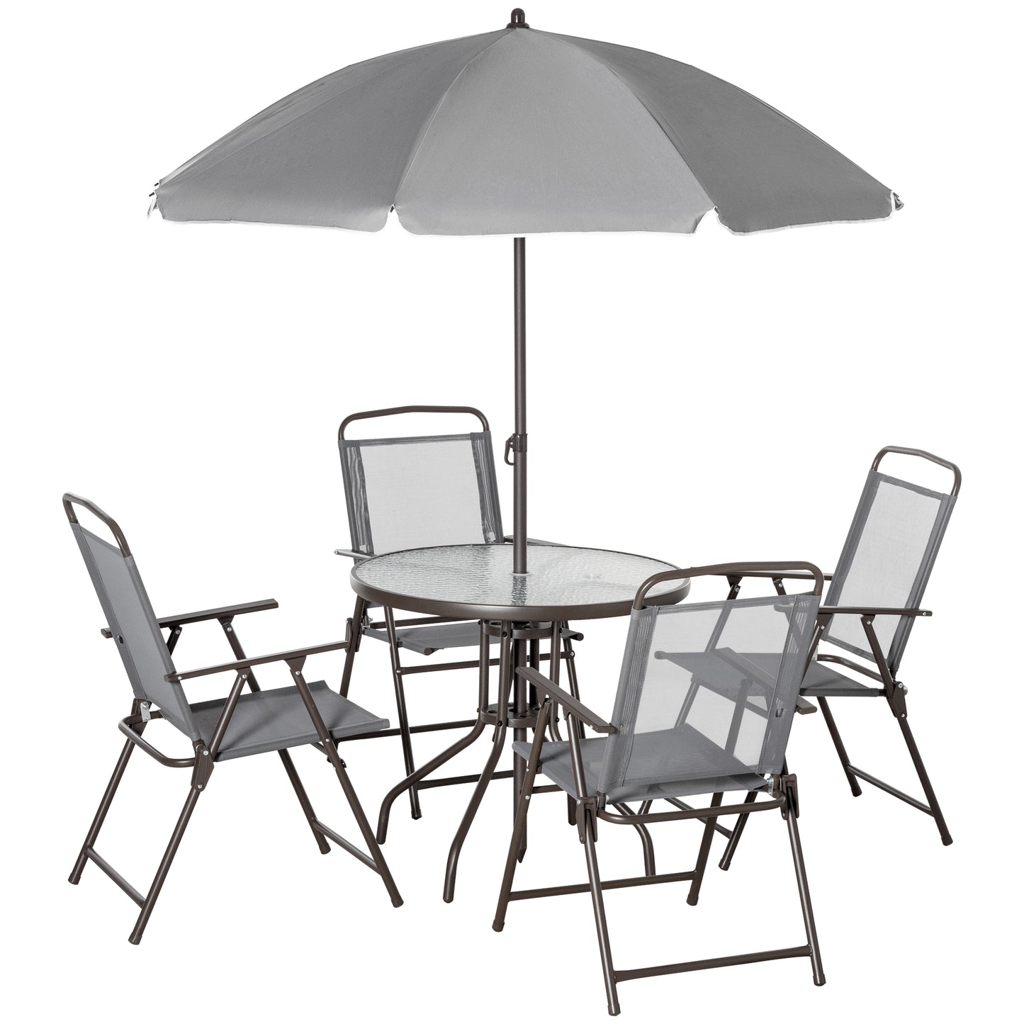 6 Piece Patio Dining Set with Garden Umbrella 4 Folding Chairs, Grey