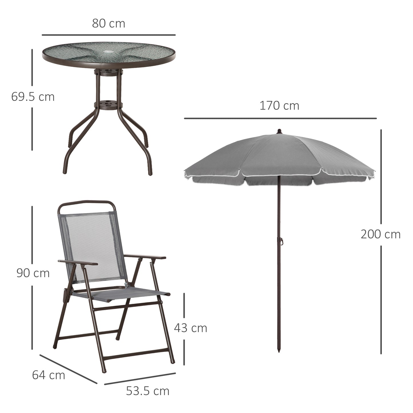 6 Piece Patio Dining Set with Garden Umbrella 4 Folding Chairs, Grey